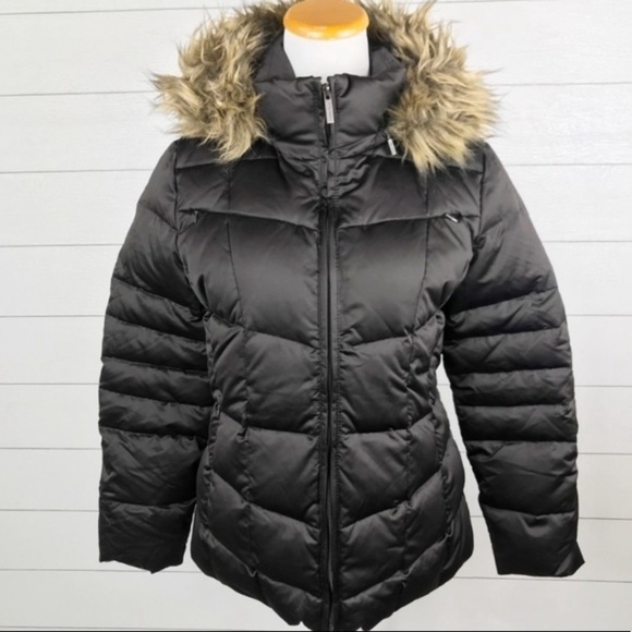 Calvin Klein Down Filled Quilted Puffer Jacket Hood Faux Fur Trim Brown PM - Picture 1 of 8